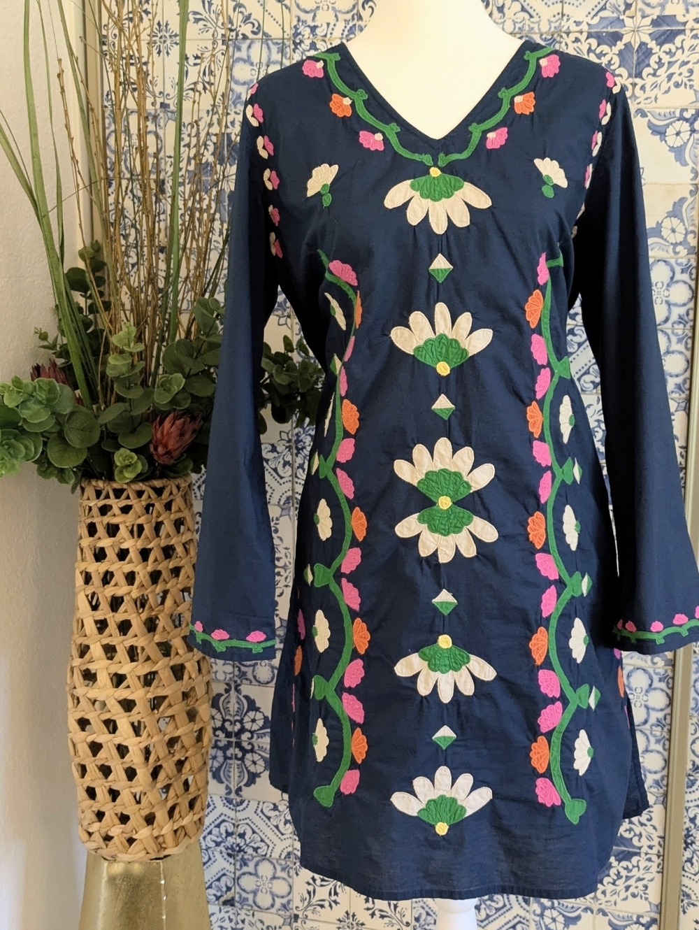 Frances Valentine Navy Applique V-Neck Women's Dress/Tunic/Swin Cover-up Sz L